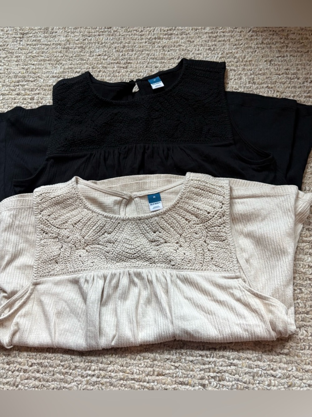 Old Navy Two Sleeveless Embroidered Yoke Tops with keyhole back - Black & Cream